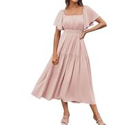 Robe d'été décontractée pour femme, robe à volants, robe trapèze taille haute, robe plissée, robe d'été plissée, manches courtes, col carré, robe d'été fluide pour l'été, rose, XXL