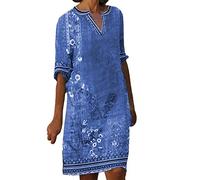 Robe d'été décontractée pour Femmes imprimé Plumes col en V Manches Courtes légère et Confortable Parfaite pour Plage Vacances et Sorties Quotidiennes