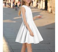 Robe d'été décontractée pour fille - Robe été unie à manches volantées - Robes trapèze plissée sur le devant - Mini robes de fête décontractée en coton confortable - Âge 3 à 14 ans