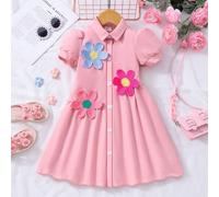 Robe d'été décontractée pour jeune fille avec col Peter Pan, décoration florale et manches bouffantes 6Y,7Y,8Y,4Y,5YPlantesPolyester