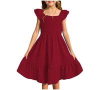 Robe d'été élégante à manches à volants - Couleur unie - Robe de fête plissée - Longueur genou - Ligne A - Robe d'été - Taille haute - Robe swing - Robe décontractée pour enfants et adolescents, rouge