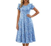 Robe d'été élégante à manches courtes plissée pour femme - Manches bouffantes - Robe florale décontractée - Robe midi - Col rond - Robe tunique avec poches - Robe portefeuille fluide décontractée