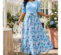 Robe d'été élégante bleu clair avec imprimé floral et patchwork pour tea party, grande taille pour femmes, col rond, manches gigot évasées, ceinture, pour le bureau, le travail et les vacances 0XL,1XL