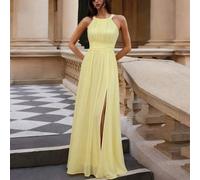 Robe d'été élégante en mousseline jaune clair, robe de demoiselle d'honneur à col bateau, taille haute et plissée pour mariage, cocktail, bal de promo & saison de remise des diplômes automne L,M,S,XSU