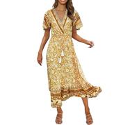 Robe d'été élégante et décontractée avec col en V et ceinture, parfaite pour les excursions décontractées, idéale par temps chaud et en combinaison avec un costume de jasmin, jaune, S