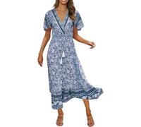 Robe d'été élégante et décontractée avec col en V et ceinture, parfaite pour les excursions décontractées, idéale par temps chaud et en combinaison avec un costume de jasmin, bleu, S