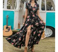 Robe d'été élégante, légère et confortable, à col V avec motif floral noir. Style bohème et exotique, parfaite pour la plage, les vacances et les festivals de musique 2XL,L,M,S,XL,XXLFloral,Tout Impri
