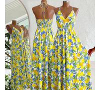 Robe d'été élégante pour dames, robe de vacances élégante dos nu à cordon, motif d'impression de fruits nouée autour du cou, nouée et froncée à la taille, longueur en forme de A, robe de vacances, rob