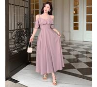 Robe d'été élégante pour femme, de couleur unie, avec épaules dégagées, coupe évasée et ceinture à la taille. Idéale pour un anniversaire, le Nouvel An ou un bal de promo. Avec volants. L,M,S,XL,XXLUn