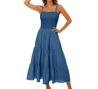 Robe d'été élégante pour femme - Sans manches - Robe midi graduée - Lignes en A - Robe d'été smockée, bleu, XL