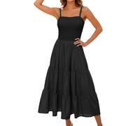 Robe d'été élégante pour femme - Sans manches - Robe midi graduée - Lignes en A - Robe d'été smockée, Noir , M