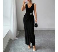 Robe d'été élégante sans manches de couleur unie avec boucle métallique à la taille, coupe ajustée SHEIN SHEIN X favorise la créativité en offrant aux créateurs de mode, aux artistes et aux marques un