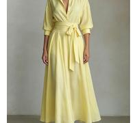 Robe d'été Elio Closet pour femmes, style décontracté français de vacances, col chemise, taille nouée, évasée, élégante et amincissante, style de vacances simple et élégant, jaune L,M,S,XLUnicoloreÉto