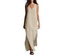 Robe d'été en coton et lin, sans manches, col en V, robe maxi décontractée, décontractée, décontractée, balancelle, vacances à la plage, robe d'été, grandes tailles pour femme, kaki, S
