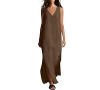 Robe d'été en coton et lin, sans manches, col en V, robe maxi décontractée, décontractée, décontractée, balancelle, vacances à la plage, robe d'été, grandes tailles pour femme, café, XL