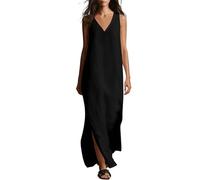 Robe d'été en coton et lin, sans manches, col en V, robe maxi décontractée, décontractée, décontractée, balancelle, vacances à la plage, robe d'été, grandes tailles pour femme, Noir , L