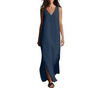 Robe d'été en coton et lin, sans manches, col en V, robe maxi décontractée, décontractée, décontractée, balancelle, vacances à la plage, robe d'été, grandes tailles pour femme, Marine, S