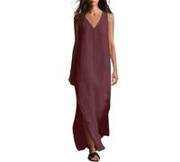 Robe d'été en coton et lin, sans manches, col en V, robe maxi décontractée, décontractée, décontractée, balancelle, vacances à la plage, robe d'été, grandes tailles pour femme, Bordeaux, XXL