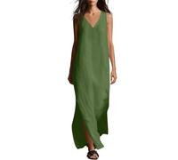 Robe d'été en coton et lin, sans manches, col en V, robe maxi décontractée, décontractée, décontractée, balancelle, vacances à la plage, robe d'été, grandes tailles pour femme, vert, L