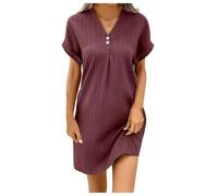 Robe d'été en coton pour femme - Robe tunique décontractée unie à col en V et manches courtes - Robe droite ample et confortable - Froncée sur le devant - Légère et douce - Robe midi décontractée