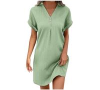 Robe d'été en coton pour femme - Robe tunique décontractée unie à col en V et manches courtes - Robe droite ample et confortable - Froncée sur le devant - Légère et douce - Robe midi décontractée