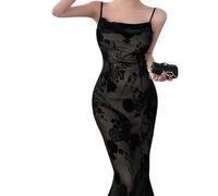 Robe d'été en Dentelle Noire pour Femme, tempérament Haut de Gamme, Jupe Longue à Bretelles à col en V, Jupe en Queue de Poisson-Noir-L