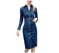 Robe d'été en jean pour femme - Longueur genou - Rétro - Manches longues - Robe de plage décontractée et élégante - Avec ceinture - Moulante - Avec fente - Col rabattu - Bouton - Robe crayon sexy,