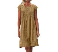 Robe D'éTé en Lin pour Femme Chic Couleur Unie A-Line Manches Courtes Robe De Plage ÈLéGante PlisséE BohèMe Midi Robes LâChe Grande Taille Robes Vintage Casual Cocktail Party SoiréE Dress