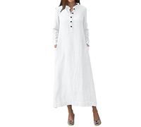 Robe d'été en lin pour femme - Grandes tailles - Robe d'été légère - Longue - En lin - Style vintage - Couleur unie - Caftan - Avec poches - Robe en lin - Robe chemisier, Blanc., M