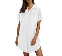 Robe d'été en lin pour femme - Manches courtes - Coton et lin - Robe d'été - Revers - Longueur genou - Robe tunique boutonnée - Couleur unie - Courte - Décontractée - Mini robe chemise, Blanc., XL