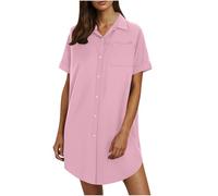 Robe d'été en lin pour femme - Manches courtes - Coton et lin - Robe d'été - Revers - Longueur genou - Robe tunique boutonnée - Couleur unie - Courte - Décontractée - Mini robe chemise, Rose, XL