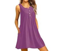 Robe d'été en mousseline légère et aérée pour femme - Robe débardeur avec poches - Robe sans manches avec col en V - Robe porte-jarretelles unie - Robe gilet décontractée - Robe de plage - Robe de