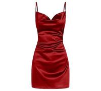 Robe d'été en satin pour femme avec col en V et bretelles spaghetti - Mini robe élégante et sexy pour sortir, fête, cocktail, rouge vin, Taille XS