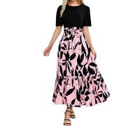 Robe d'été femme 2025 imprimé floral élégante à manches courtes longueur maxi coupe trapèze création patchwork original avec ourlet à volants design portefeuille confortable parfait pour tenue (XXL)