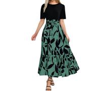 Robe d'été femme 2025 imprimé floral élégante à manches courtes longueur maxi coupe trapèze création patchwork original avec ourlet à volants design portefeuille confortable parfait (Dark Green, XXL)