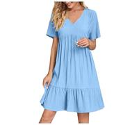 Robe D'Été Femme Chic Et Elegant Col V Manches Courtes éTé BohèMe Tunique Robe Ample A-Line Mi-Longue Dress Grande Taille DéContractéE Robes Couleur Unie Taille Haute Robes pour FêTer Vacances Plage