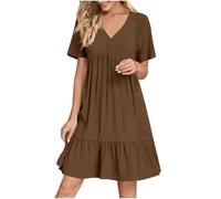 Robe D'Été Femme Chic Et Elegant Col V Manches Courtes éTé BohèMe Tunique Robe Ample A-Line Mi-Longue Dress Grande Taille DéContractéE Robes Couleur Unie Taille Haute Robes pour FêTer Vacances Plage