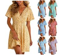 Robe D'été Femme Col en V Boheme Robes de Plage à Manches Courtes Taille Empire Florale Robe Femme Chic Et Elegant Vacances A-Ligne Summer Dress Décontractée Fleurie Robe Midi pour Printemps Été