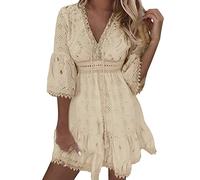 Robe d'été Femme Dentelle Bohème Chic Grande Taille de Plage Manches 3/4 Cloche DéContractée Chic Et Elegant Ample Légères Col V Creux Classique Coupe Ajustée Dress