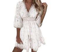 Robe d'été Femme Dentelle Bohème Chic Grande Taille de Plage Manches 3/4 Cloche DéContractée Chic Et Elegant Ample Légères Col V Creux Classique Coupe Ajustée Dress