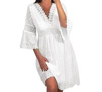 Robe d'été Femme Dentelle, Robe Bohème Chic Femme Grande Taille,Robe de Plage Femme Manches 3/4 Cloche DéContractée Chic Et Elegant Dress Ample Légères Col V Creux Classique Coupe Ajustée Robes