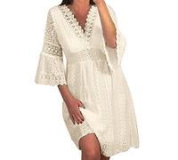 Robe d'été Femme Dentelle, Robe Bohème Chic Femme Grande Taille,Robe de Plage Femme Manches 3/4 Cloche DéContractée Chic Et Elegant Dress Ample Légères Col V Creux Classique Coupe Ajustée Robes