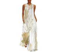 Robe d'Été Femme Grande Taille Longue Art de la Ligne Dorée, sans Manches Col V, Robe Maxi Fluide de Plage Feuilles de Lotus, Coupe Swing avec Poches, Idéale pour Vacances et Été，XXL