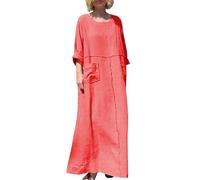 Robe d'été Femme Legere d Ete Coton et Lin Women's Crew Neck Solid Color Mid Long Sleeve Dress Cotton and Linen Dress Long Sleeve Casual Pocket Robes 'été pour Femmes Plage Robe Ete (Red,M)