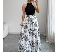 Robe d'été femme nouvelle arrivée, patchwork français sans manches. Robe à col ras-du-cou imprimée avec design unique, taille ajustée et lien de contraste de couleur L,M,S,XL,XSFloralTissu tissé