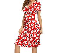 Robe d'été Femme Pas Cher Robe de Plage à Col en V à Manches Courtes Floral Wrap Taille Chic et Elegant Robes T-Shirt Décontractée avec Ourlet Plissé et Poches Cadeau de Ma Mère,Rouge,L,f192r