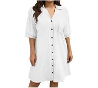 Robe D'été Femme Robes Coton et Lin Manches Courtes Couleur Unie pour Longue Robes Col en V Bouton Ample Elegante Femme Midi-robe Lâche Respirant Décontractée Robe Longue Boheme Chic et Elegant