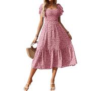 Robe d'été florale bohème midi pour femme - Robe courte à manches mi-longues A-line smockée - Robe de plage de mode pour mariage et vacances - Robe d'invité de mariage, rose rouge, XX-Large