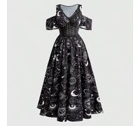 Robe d'été gothique pour femmes avec imprimé lune, soleil, visage, étoile, cœur, épée, chat, zodiaque, patchwork de dentelle, col en V profond, épaules dénudées, fente haute, Top de robe de bal 0XL,1X