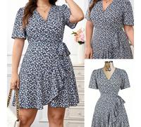 Robe d'été grande taille pour femmes, robe élégante à fleurs marguerite avec patchwork à volants, manches courtes, longueur courte, taille nouée, col en V 0XL,1XL,2XL,3XL,4XL,5XLImprimés aléatoiresTis